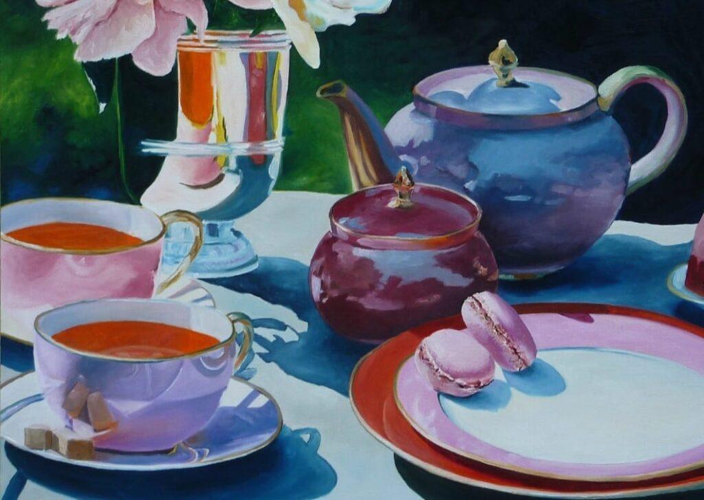 Tableau de C Brousset représentant une table dressée joliment pour le thé avec macarons et fleurs